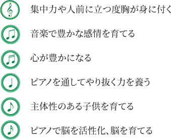 ・集中力や人前に立つ度胸が身につく・音楽で豊かな感情を育てる・心が豊かになる・ピアノを通し絵やり抜く力を養う・主体性のある子を育てる・ピアノで脳を活性化、脳を育てる