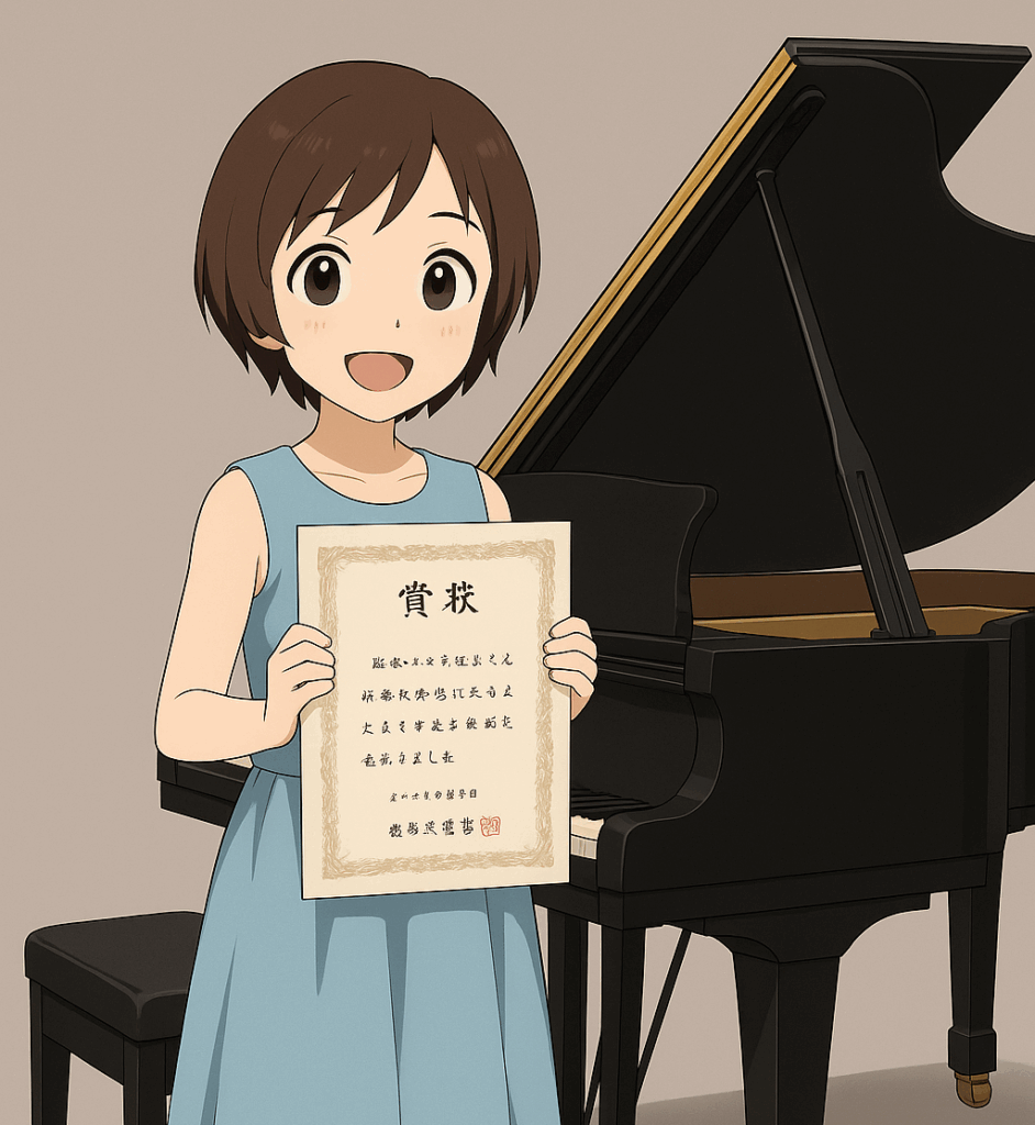 コンクールに出て賞状をもらう少女